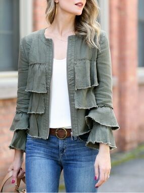 INC International Concepts 100% Linen Tiered Ruffle Zip Jacket Olive Green Sz L